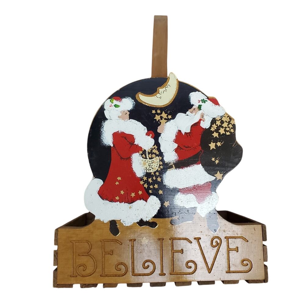 Vintage Hand-painted Mr & Mrs Claus Believe Craved Basket 15" Wooden Moon & Star